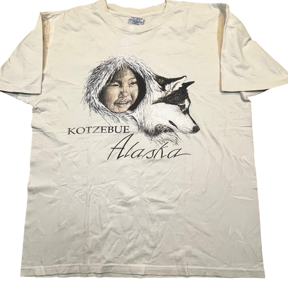Vintage Kotzebue Alaska Arctic Inuit Portrait Husky Dog Graphic‎ T Shirt Men XL